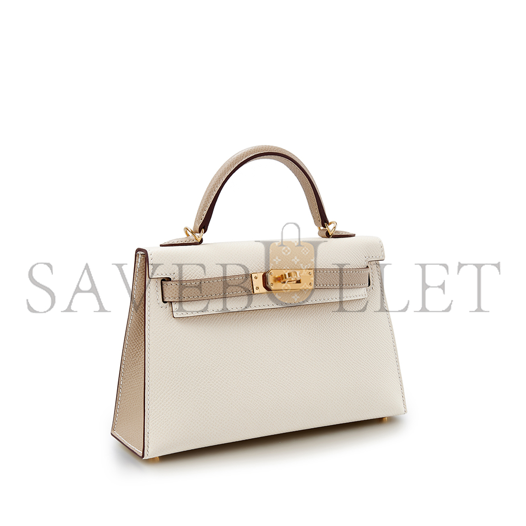 HERMÈS MASTER MINI KELLY II EPSOM CREAM WHITE WINDBREAKER GRAY GOLD HARDWARE (19*12*5.5cm)